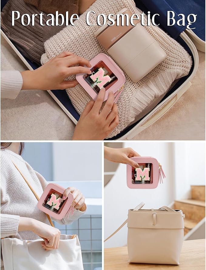 Christmas Gifts for Girls - Initial Clear Toiletry Bag, Small Cosmetic Bags for Girls with Zipper, Potable Mini Makeup Bag for Birthday, Graduation (Pink, M)