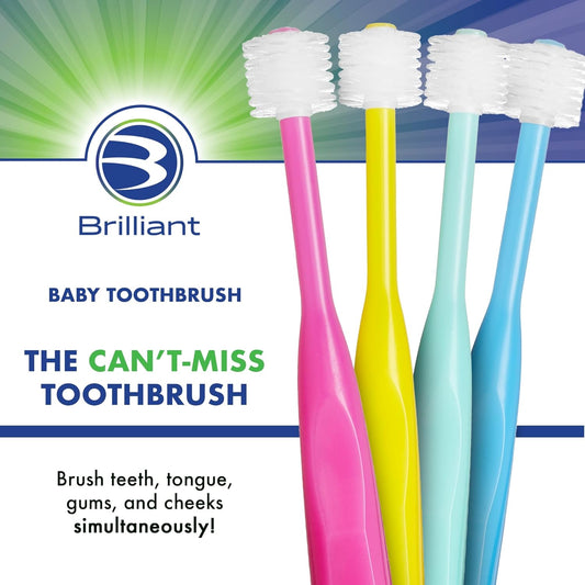 Brilliant Oral Care Baby Toothbrush with Soft Bristles and Round Head, for a Toddler Approved, Easy to Use All-Around Clean Mouth, Ages 0-2 Years, Pink Mint Yellow, 3 Pack