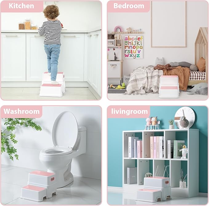 Victostar 2 Step Stool for Kids, Anti-Slip Sturdy Toddler Two Step Stool for Toilet Potty Training, Bathroom,Kitchen (Pink)