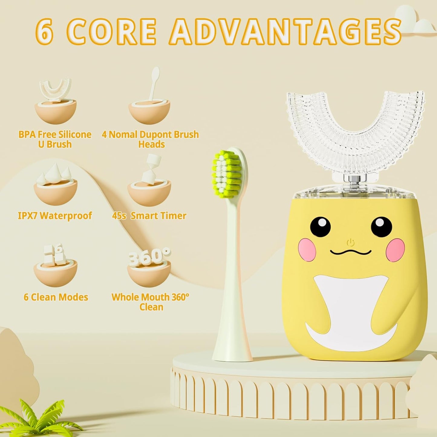 Kids Electric U Shaped Toothbrush Children Rechargeable Sonic Toothbrush with 6 Soft Brush Head Automatic Full Mouth 6 Cleaning Modes -Age8-15 Yellow