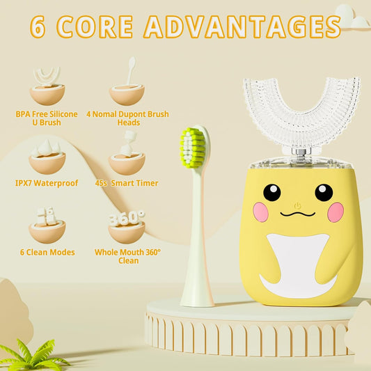 Kids Electric U Shaped Toothbrush Children Rechargeable Sonic Toothbrush with 6 Soft Brush Head Automatic Full Mouth 6 Cleaning Modes -Age2-7 Yellow