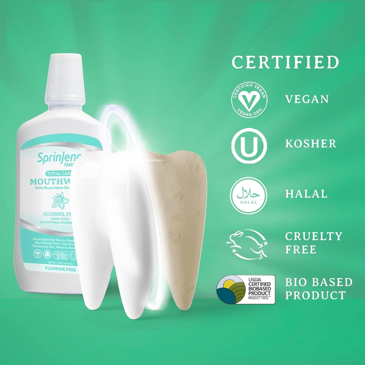 SprinJene Alcohol Free Mouthwash with Xylitol – Fluoride Free Natural Mouthwash for Dry Mouth, Whitening & Fresh Breath – Patented Black Seed Oil & Zinc Formula – Vegan & Made in The USA (2 Pack)