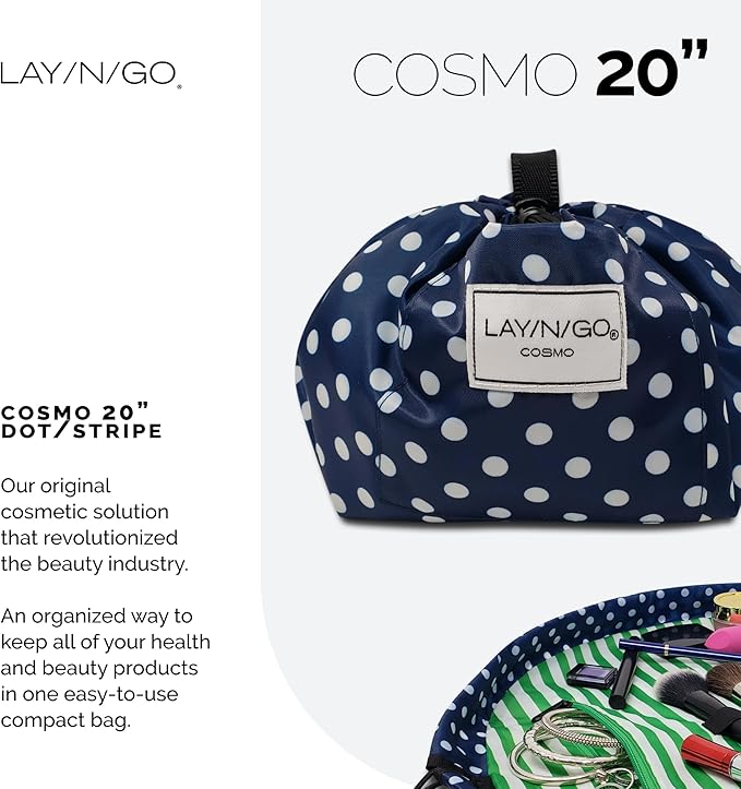 Lay-n-Go Cosmo Layflat Drawstring Cosmetic & Makeup Bag Organizer w/Zipper Pocket, Brush Loops & More, Cinch to Close, Lay Flat to Use, Durable, Machine Wash, Travel Toiletry Bag (20", Navy/Green)