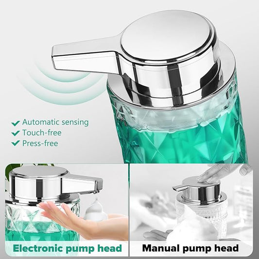 Automatic Soap Dispenser Foam for Bathroom: 8 OZ Glass Touchless Clear Auto Foaming Soap Dispenser for Kitchen - Hand Dish Lotion Home Countertop Kids - Family Couple