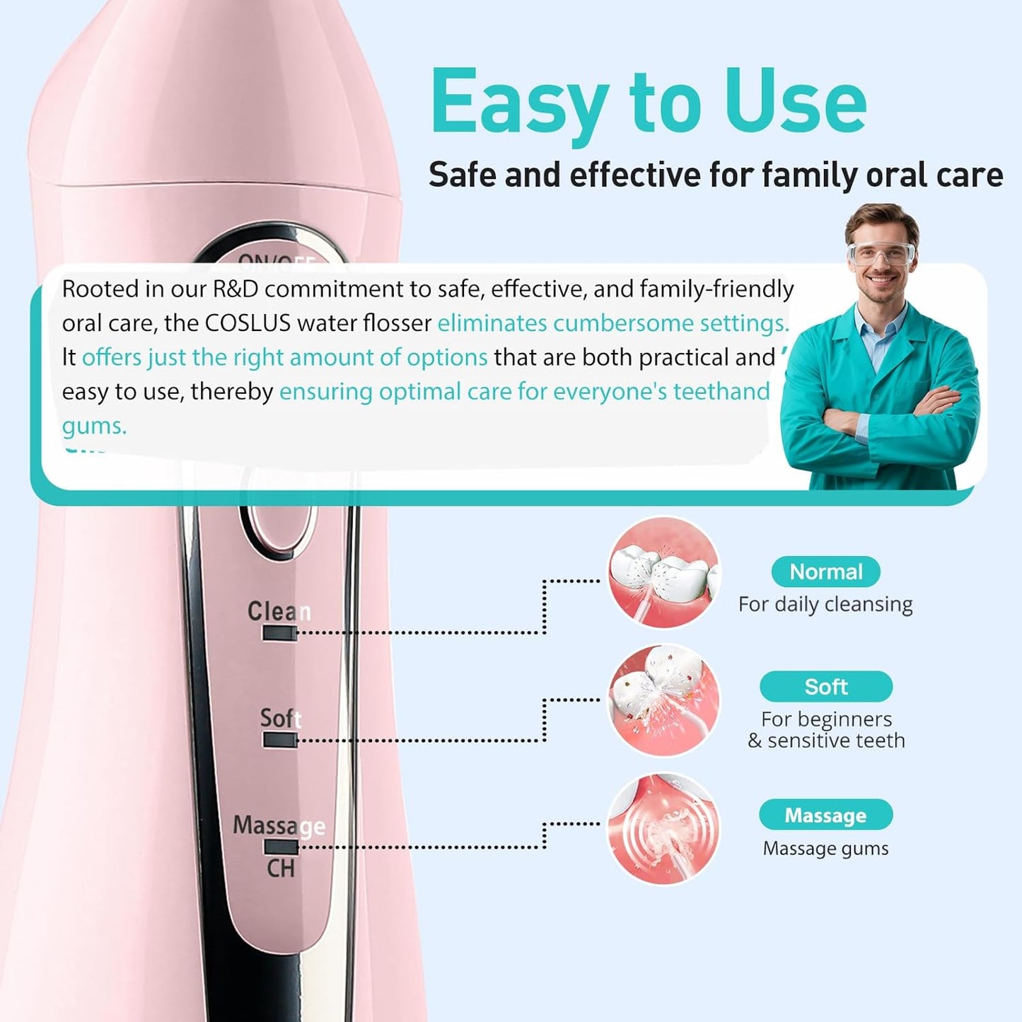 COSLUS Water Dental Flosser Teeth Pick: Portable Cordless Oral Irrigator 300ML Rechargeable Travel Irrigation Cleaner IPX7 Waterproof Electric Flossing Machine for Teeth Cleaning C20(F5020E) Pink