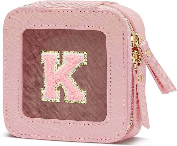 Christmas Gifts for Girls - Initial Clear Toiletry Bag, Small Cosmetic Bags for Girls with Zipper, Potable Mini Makeup Bag for Birthday, Graduation (Pink, K)