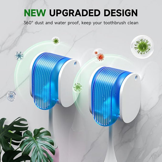2 Pcs Toothbrush Holders Wall Mounted, Single Slot Design, Shower Self Adhesive Wall Mounted Toothbrush Holder with Cover, Waterproof and Dustproof, Suitable for Bathroom, Family, Travel (Blue)