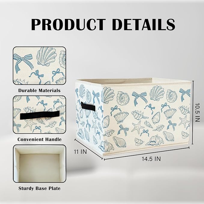 Coquette Blue Bow Ocean Storage Bin Box With Handles for Girls Kids, Bow Coastal Nautical Foldable Organizer Basket Toybox for Girls Room Nursery Bedroom Bathroom Clothes Toys Books