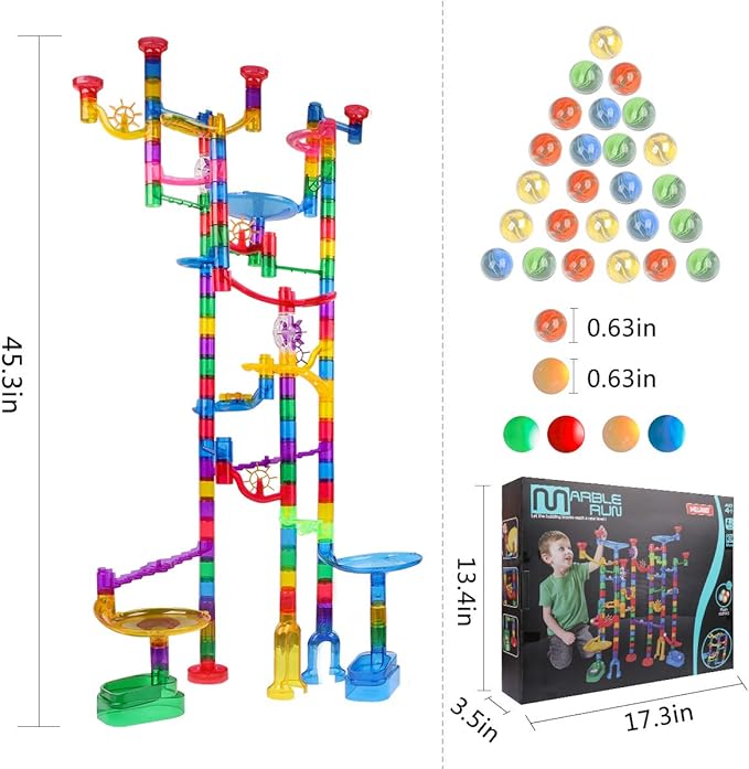 Meland Marble Run Sets for Kids - 153Pcs Marble Race Track Maze Madness Game STEM Building Tower Toy for 4 5 6 + Year Old Boys Girls(113 Pcs + 30 Glass + 10 Led Lighted)