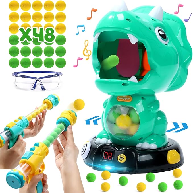 EagleStone Moveable Dinosaur Shooting Toys for Kids, Triceratops Dino Shooting Games with 2 Gun, 48 Balls, LCD Score Record, for Boys and Girls, Party Favor for Indoor and Outdoor