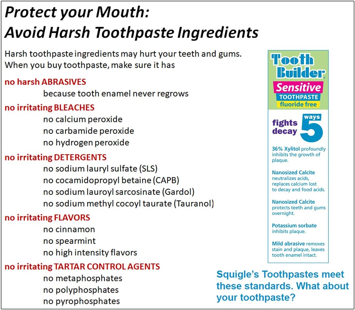 Squigle Tooth Builder SLS Free Toothpaste (Stops Tooth Sensitivity) Prevents Canker Sores, Cavities, Perioral Dermatitis, Bad Breath, Chapped Lips, 4 oz (48 Ounce (Pack of 12), Unflavored)