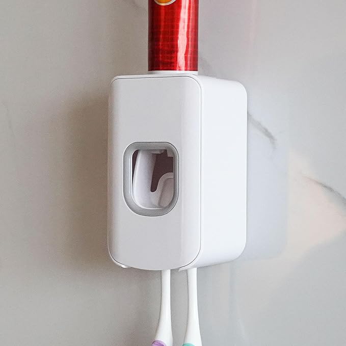 2 Slot Toothbrush Holder and Toothpaste Dispenser Wall Mounted, Automatic Toothpaste Squeezer, 2 in 1 Tooth Brush Toothpaste Organizer for Shower (White)