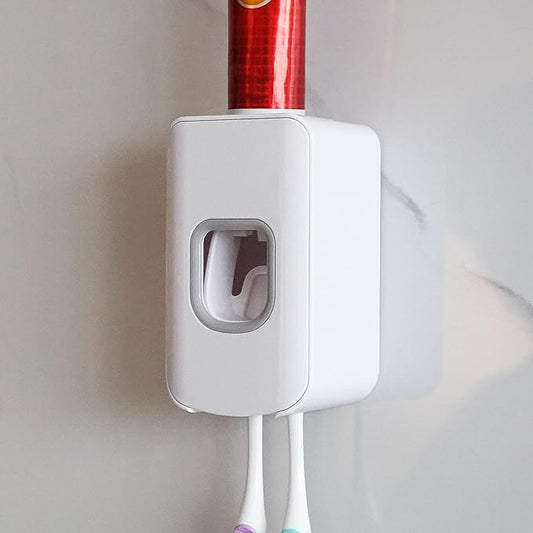 2 Slot Toothbrush Holder and Toothpaste Dispenser Wall Mounted, Automatic Toothpaste Squeezer, 2 in 1 Tooth Brush Toothpaste Organizer for Shower (White)