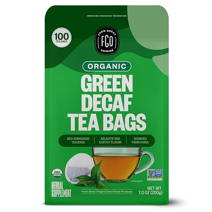FGO Organic Green Decaf Tea, 100 Count, Eco-Conscious Tea Bags, Resealable Bag, Caffeine Free, Packaging May Vary (Pack of 1)