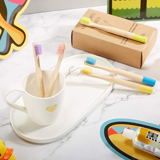 10 Piece Kids Bamboo Toothbrush Set - Natural Soft Bristle, Wooden, Toddler to Adult, Organic, BPA-Free, Colorful Travel Pack