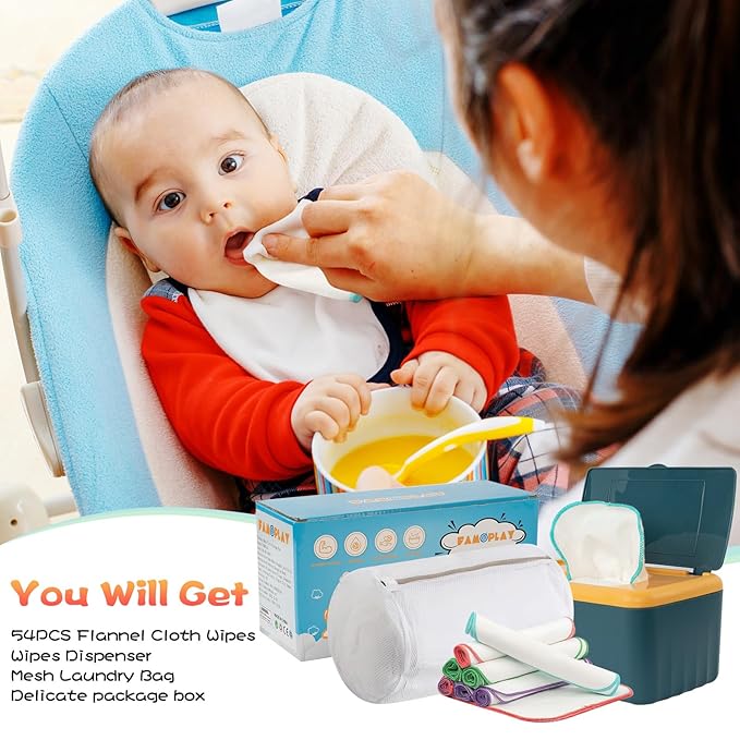 54 Packs Flannel Reusable Baby Wipes Cloth Wipes with Blue Wipes Dispenser, Reusable & Natural Skin-friendly Cloth Baby Wipes, Body Face Hand Washcloth Essential for Cloth Diapers