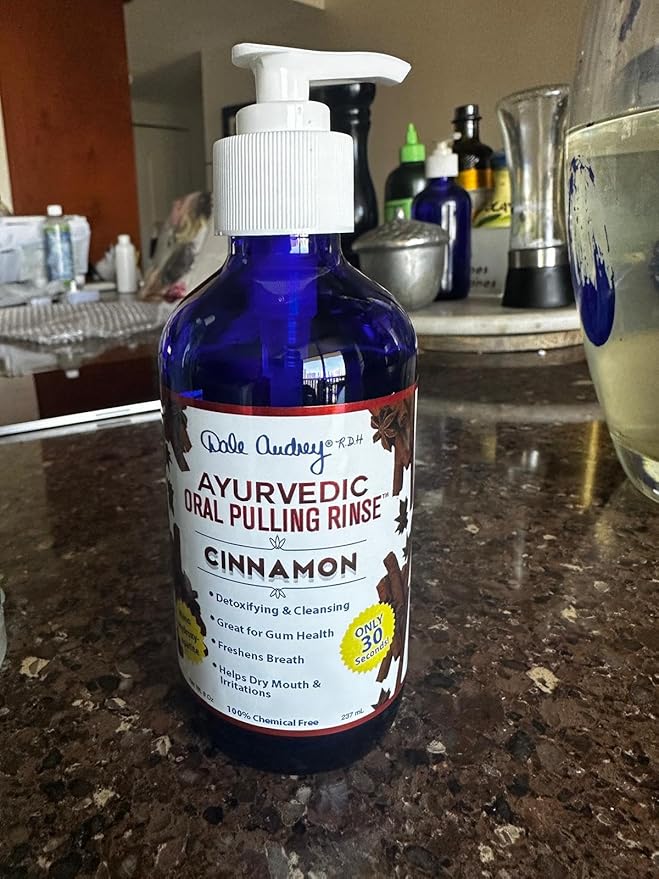 Dale Audrey Ayurvedic Oil Pulling for Teeth and Gums | Organic Cinnamon Flavored Oral Rinse Mouthwash | Natural Essential Oils | Cobalt Glass Bottle Pump for Teeth Whitening and Fresh Breath-8 FL Oz