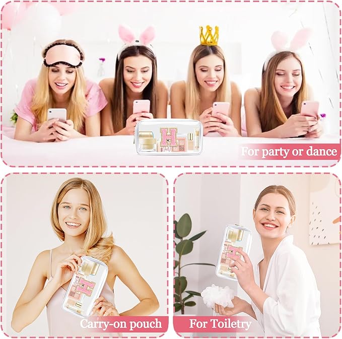 Small Clear Personalized Initial Makeup Bag,Nylon Preppy A-Z Chenille Letter Patch Cosmetic Pouch Beach Toiletry Bag,Waterproof Zipper Travel Purse Storage Bag Organizer for Women Girls(White-Pink H)