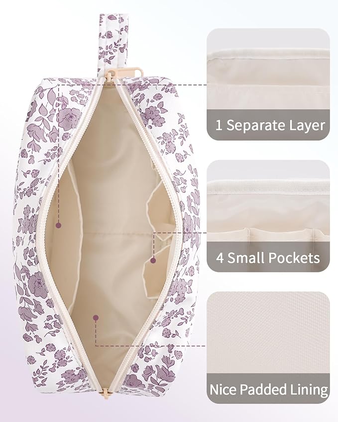 Narwey Cute Makeup Bag Small Toiletry Bag Travel Cosmetic Bag Organizer Make Up Bags with Organized Pockets for Women (Little Dusty Pink Flower, Large)