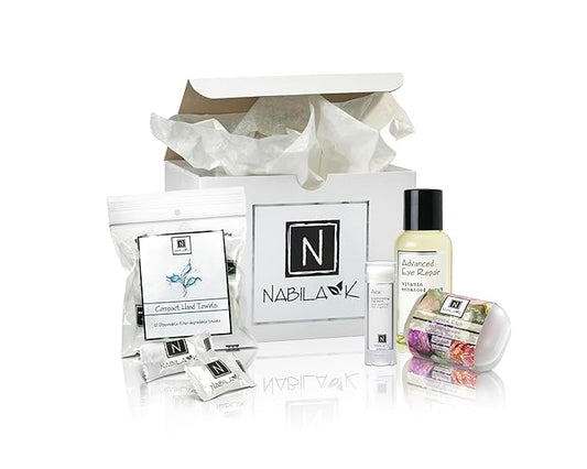 Nabila K Tropical Love & Care Gift Set – Includes Coconut Exfoliating Soap, Eye Repair Serum, Acai Lip Balm & Compact Hand Towels – Luxury Bath & Body Kit for Women & Men – Ready-to-Gift Spa Box