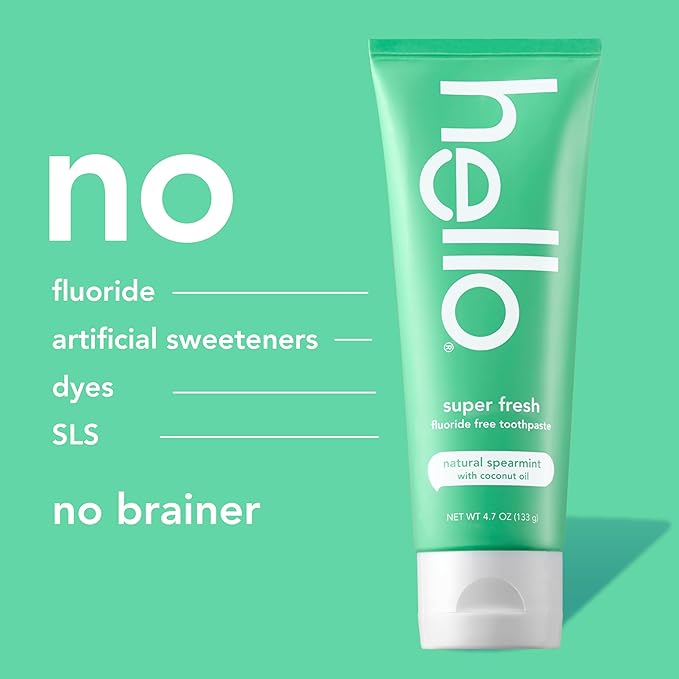 hello Super Fresh Fluoride Free Toothpaste, Toothpaste for Bad Breath, Helps Remove Surface Stains, Natural Spearmint, 3 Pack, 4.7 Oz Tubes