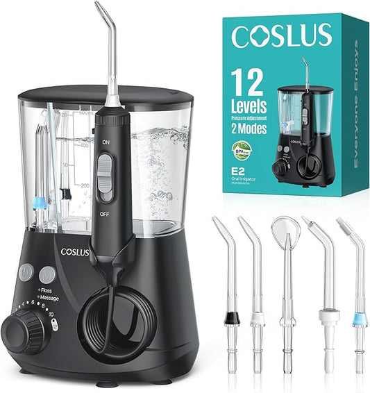 COSLUS Excellent Water Flosser for Teeth Cleaning: 12 Pressure Settings & 2 Modes for Orthodontic, Braces, Sensitive - Patented Storage, 5 Jet Tips and 600ML Tank for Family, Home Use, Black, E2