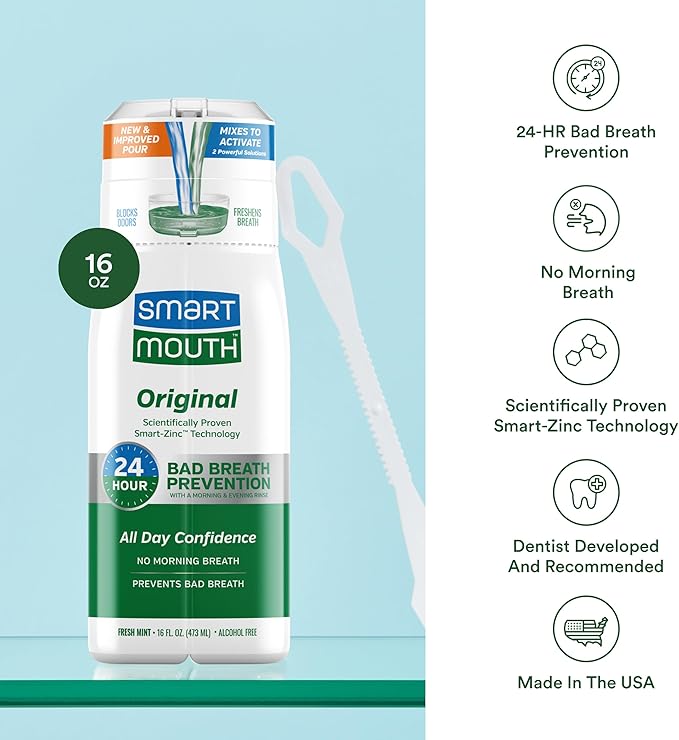 SmartMouth Original Activated Mouthwash & Tongue Cleaner, Bad Breath Support, Mint (Pack of 2)