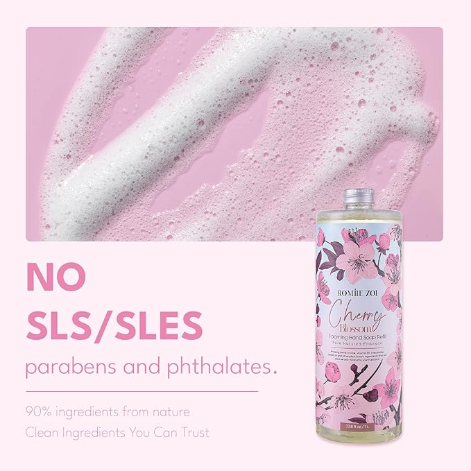 ROMIIE ZOI Cherry Blossom Foaming Hand Soap Refill Gift Set – 3 Pack*33.8 Fl Oz with Refillable Dispenser, Refreshing Floral Scent, Moisturizing & Chemical-Free for Bathroom, Kitchen, Sensitive Skin