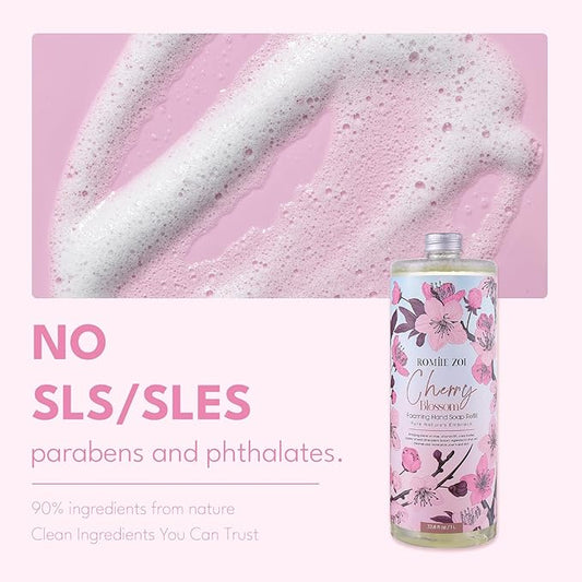 ROMIIE ZOI Cherry Blossom Foaming Hand Soap Refill Gift Set – 3 Pack*33.8 Fl Oz with Refillable Dispenser, Refreshing Floral Scent, Moisturizing & Chemical-Free for Bathroom, Kitchen, Sensitive Skin