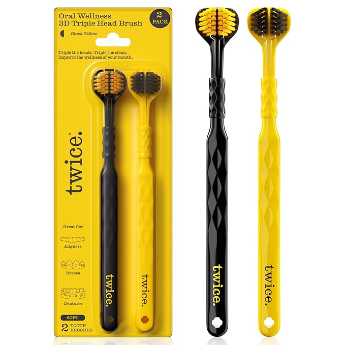 Twice Twice Adult 3D Triple-Head Toothbrush – Ultra-Soft Bristles for Braces, Aligners & Dentures, Advanced 3-Sided Design for Effective Plaque Removal & Complete Oral Care, 2 Count