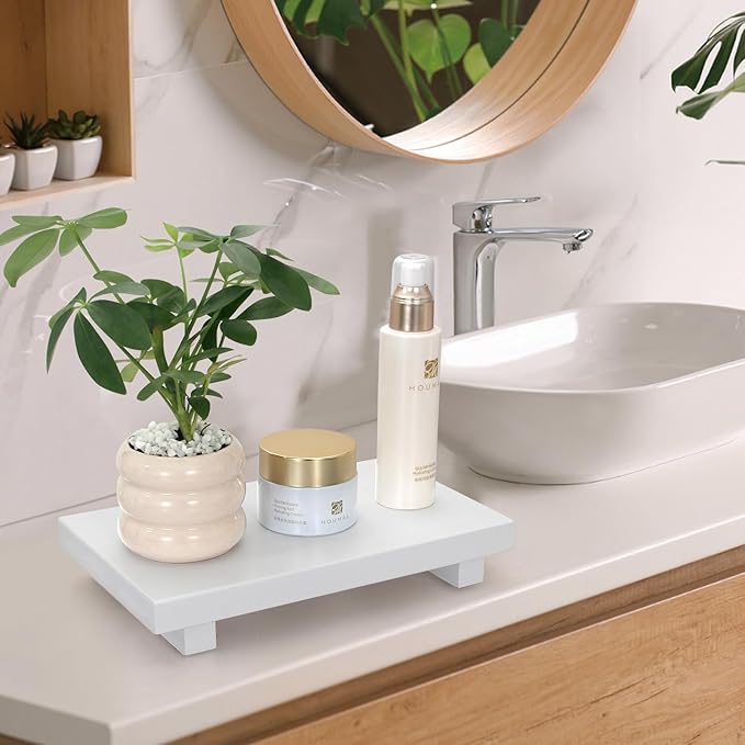 Farmhouse Bathroom Vanity Tray Wooden Kitchen Soap Sink Trays Modern Wood Riser Pedestal Stand Dish Soap Dispenser Holder for Kitchen Counter Decor White Bathroom Organizer Accessories Decorative Tray