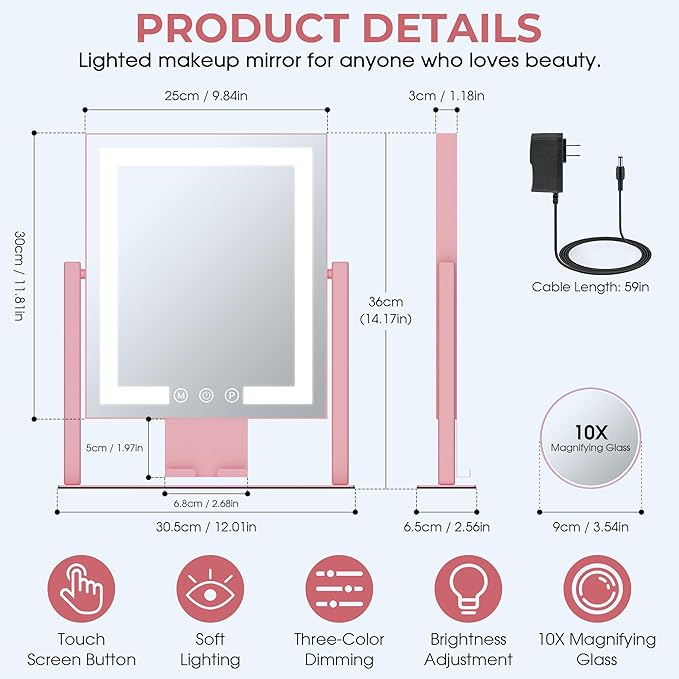 Kottova Vanity Mirror with Lights, Lighted Makeup Mirror, Smart Touch Control, Dimmable 3-Color Lights, Lighted Mirror with Detachable 10X Zoom Mirror, 360° Rotation, Metal Frame（Pink）