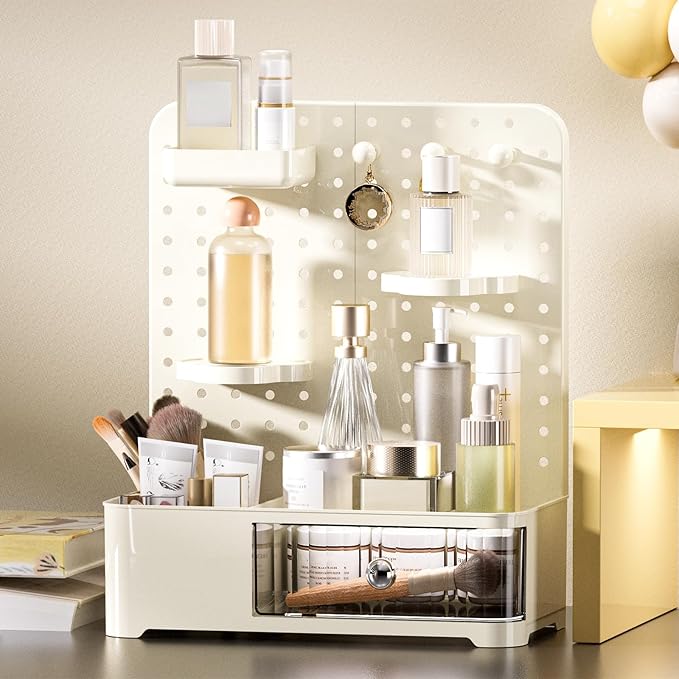 Makeup Organizer for Vanity, Aesthetic Cosmetic Storage Rack with Drawer and Pegboard Hooks, Adjustable Shelves Skincare Organizer for Bathroom Countertop, Cream White