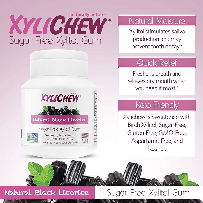 Xylichew 100% Xylitol Chewing Gum - Non GMO, Non Aspartame, Gluten Free, and Sugar Free Gum - Natural Oral Care, Relieves Bad Breath and Dry Mouth - Licorice, 240 Count