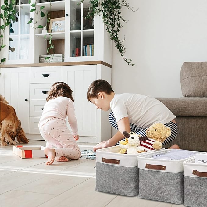HNZIGE Fabric Storage Baskets for Shelves(3 Pack) Large Collapsible Storage Baskets for Organizing, Decorative Baskets Bins Set with Handles for Closet, Clothes, Toy, Home(White&Gray,15" x 11" x 9.5")