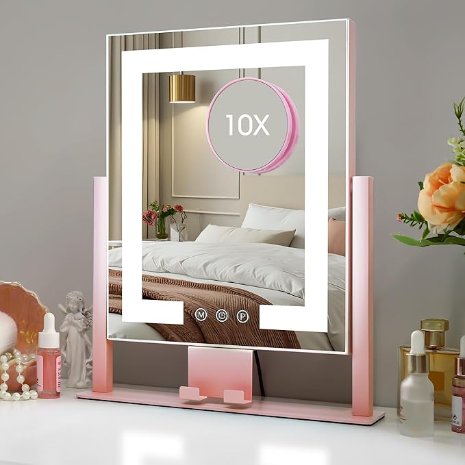Kottova Vanity Mirror with Lights, Lighted Makeup Mirror, Smart Touch Control, Dimmable 3-Color Lights, Lighted Mirror with Detachable 10X Zoom Mirror, 360° Rotation, Metal Frame（Pink）