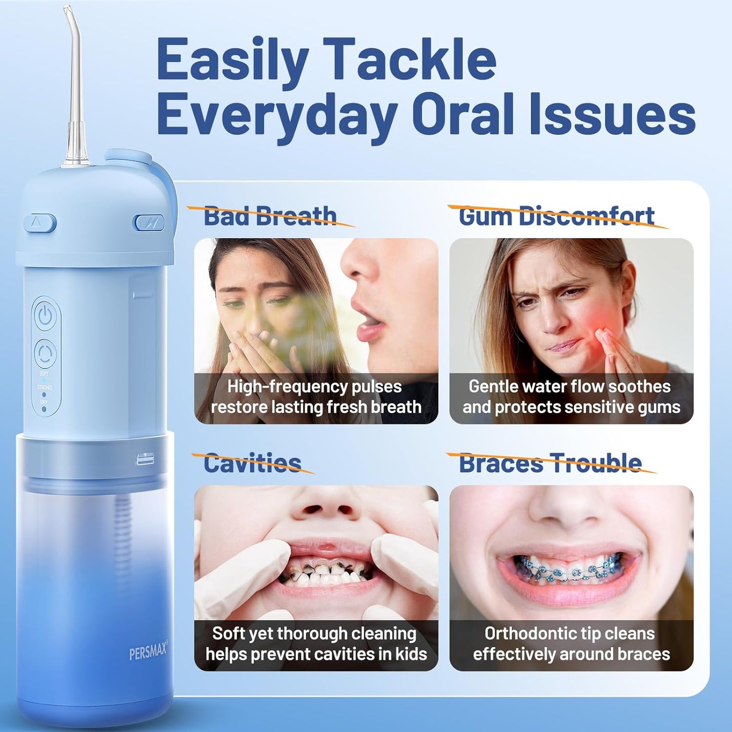 Water Flosser for Orthodontics Teeth Cleaning - Portable Electric Oral Irrigator Pick for Braces, Travel, Kids, with 3 Modes 8 Pressure Settings, 8 Tips, 150ML, IPX7, Gradient Blue