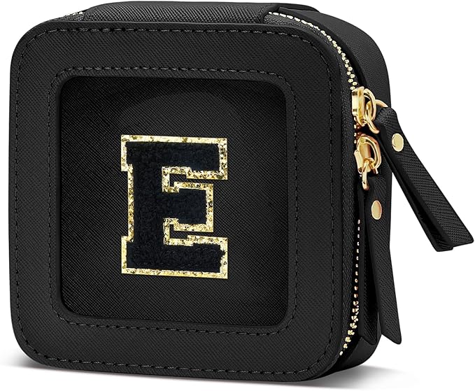 Initial Travel Toiletry Bag - Cosmetic Bags for Girls with Zipper, Clear & Potable Girls Makeup Bag for Travel, Small Cosmetic Pouch Perfect Gifts for Graduation (Black, E)