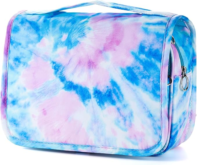 Kids Hanging Toiletry Bag for Girls, Travel Toiletry Bag for Little Young Girls Cosmetic Makeup Waterproof Wash Bag Toddler Traveling Toiletries, Tie Dye Blue
