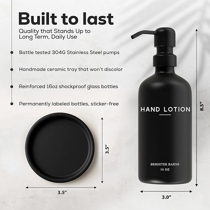 Black Glass Lotion Dispenser with Pump by Brighter Barns - Hand Lotion Dispenser Bathroom Set & Tray - Modern Bathroom Decor in Airbnb, Apartment Rental Properties, Guest House, Hotel Lobby (Black)