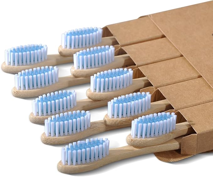 Bamboo Toothbrushes 10 Count - BPA Free Medium Bristles, Compostable Natural Wooden Toothbrushes, Without Plastic, Eco-Conscious Packaging for Adults (White and Blue, Moderate Length)