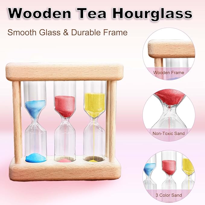 Tea 1-3-5 Minute Sand Timer Hourglass, Small Wooden Frame Blue Sand Clock, Red Colorful Sand Watch, Yellow Reloj De Arena, Unique Hour Glass Sandglass for Kids, Classroom, Home, Desk Decoration