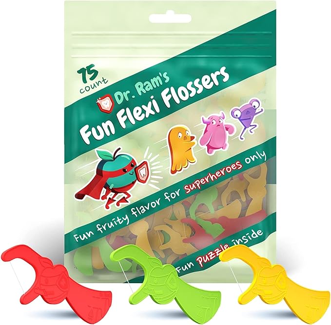 Dr. Ram's Fun Flexi Flossers for Kids - Anti-Ouch Shaped Kids Dental Floss with Puzzle and Game - Light Citrus Fruit Scent Kid Floss (75 Count)