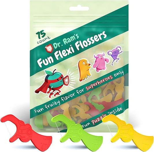 Dr. Ram's Fun Flexi Flossers for Kids - Anti-Ouch Shaped Kids Dental Floss with Puzzle and Game - Light Citrus Fruit Scent Kid Floss (75 Count)