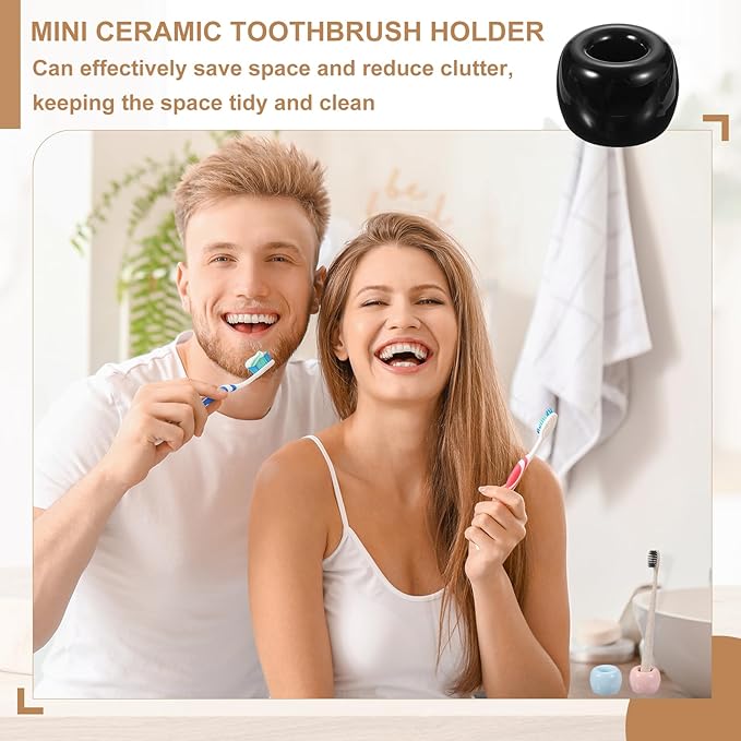 uxcell 2 Pcs Mini Ceramics Toothbrush Holder Stands, Sleek Mini Countertop Toothbrush Round Shape Ceramic Holder Stand for Bathroom Vanity Countertops, Blue