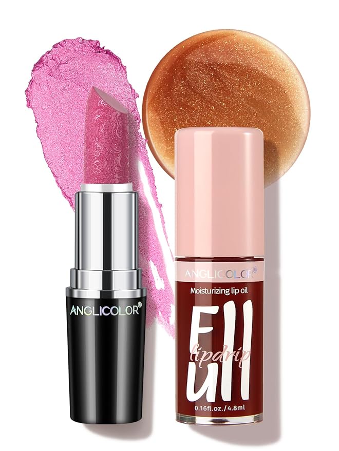 Anglicolor 2PC Lip Oil and Metallic Glitter Pink Lipstick,Natural Lip Plumper,Fruit Flavoured Lip Oil,For Dry Lip's Moisturizing Hydrating,Vegan & Cruelty-free (06 Gaia+15)