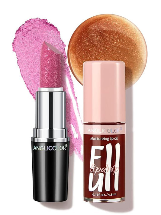 Anglicolor 2PC Lip Oil and Metallic Glitter Pink Lipstick,Natural Lip Plumper,Fruit Flavoured Lip Oil,For Dry Lip's Moisturizing Hydrating,Vegan & Cruelty-free (06 Gaia+15)