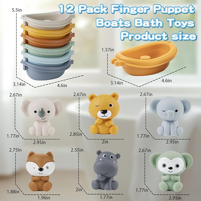 OTONOPI Baby Bath Toys Set 12 Pcs, Floating Bath Toys with 6 Sensory Animal Finger Puppets 6 Stackable Boat, Educational Water Floating Bathtub Pool Beach Toy for Toddlers Babies 18 Months and Up