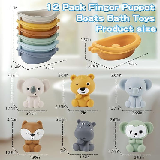 OTONOPI Baby Bath Toys Set 12 Pcs, Floating Bath Toys with 6 Sensory Animal Finger Puppets 6 Stackable Boat, Educational Water Floating Bathtub Pool Beach Toy for Toddlers Babies 18 Months and Up