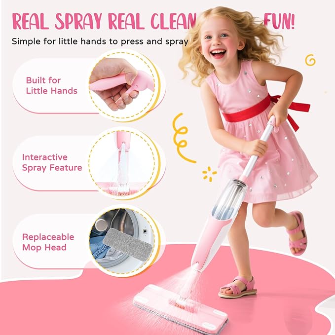 Kids Cleaning Toy Set,Pink Mini Spray Mop Montessori Toys Pretend Play Cleaning Tool for Toddlers with Spray Mop & Kids Broom Dustpan Set Cleaning Toys Gift for Toddlers Girls Boys Age 3+